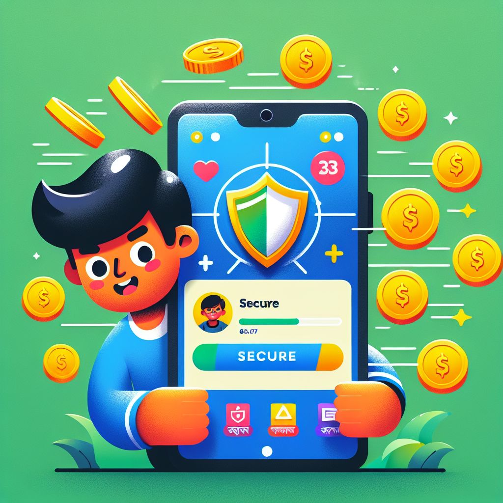 Taka2222 app themed cartoon character holding a phone with coins and a secure shield
