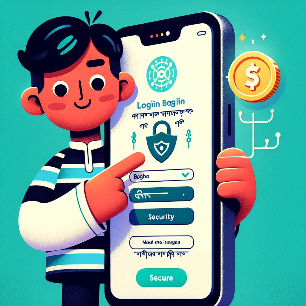 Cartoon character holding a phone with a secure login screen and coins in a Bangladesh-themed setting