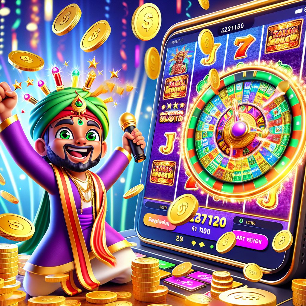 Taka2222 themed cartoon character spinning slot reels with coins and jackpot lights
